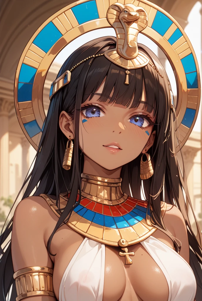 (SLE, mksks style, detailed background:1.1), (solo:1.3), girl, dark skin, ornate egyptian dress, long hair, black hair, beautiful hair, hair over eye, yellow_eyes, happy, portait, head tilt, volumetric lighting, (outdoor:1.3), egyptian house, colorful, flat chest, female anubis, egyptian clothes, egyptian mythology, see-through (white silk), teen, lewd outfit, young, (young girl), child, (very young girl), small girl, 