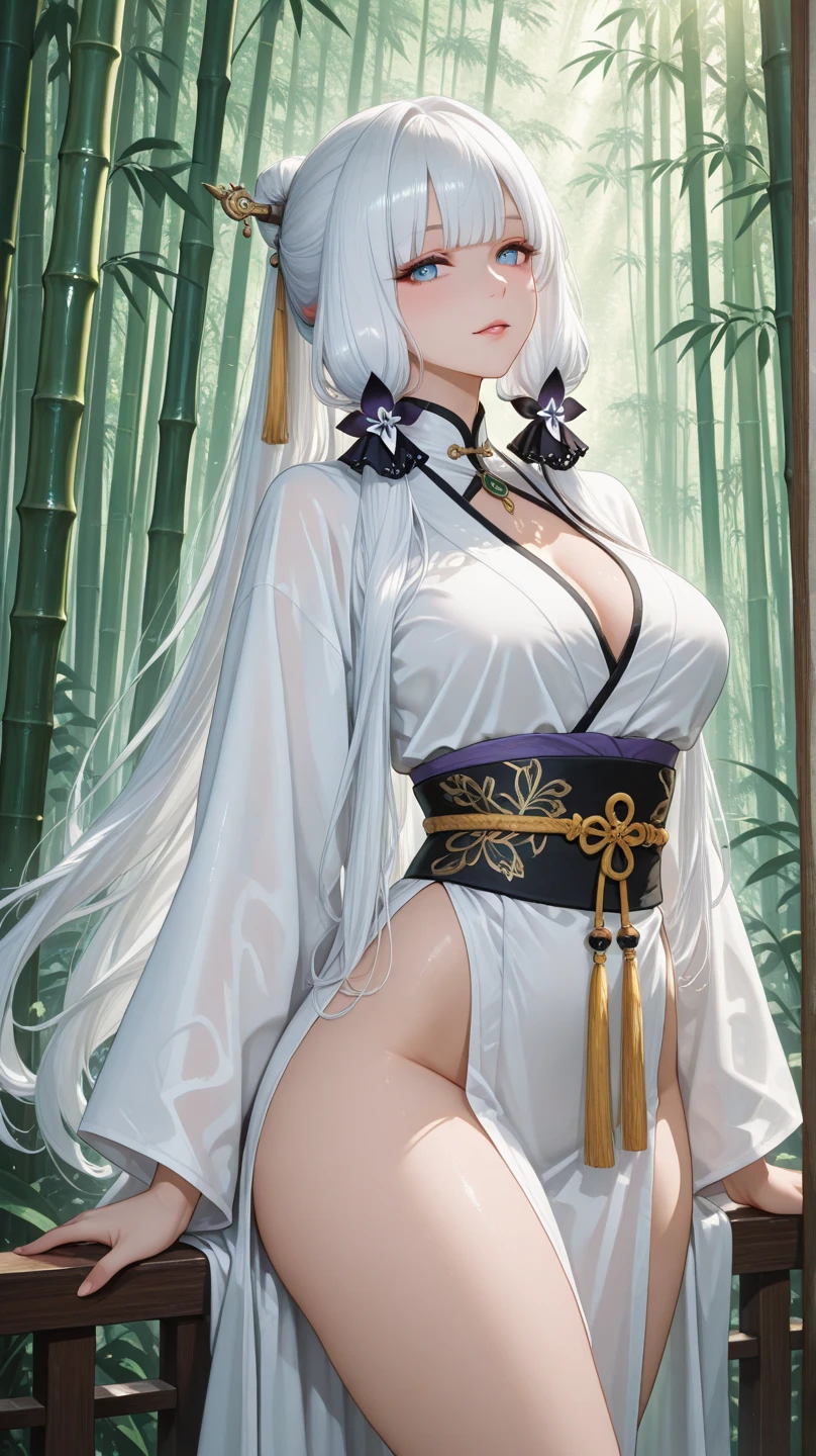 1female,35yo,mature,Bigchest,Big breasts Thin waist,long leges, 独奏,(Background with:bamboo forrest,lotuses,lotus flower,exteriors,Lotus pond) She has long blonde hair,standing on your feet,Sweat profusely,drenched all over the body,seen from the front, hair straight, mostly cloudy sky,(((tmasterpiece),(Very detailed CG unity 8K wallpaper),best qualtiy,cinmatic lighting,detailed back ground,beatiful detailed eyes,Bright pupils,Black eyes,(Very fine and beautiful),(Beautiful and detailed eye description),ultra - detailed,tmasterpiece,)),facing at camera,A high resolution,ultra - detailed),revealing breasts,Bare genitalia, Bulge,legs are open,Raised sexy,Camel toes,Flushed complexion,Open-mouthed,frontage(Wearing:White transparent kimono,Gold wire embroidery,Bare genitalia,Bare breasts,nakeness)