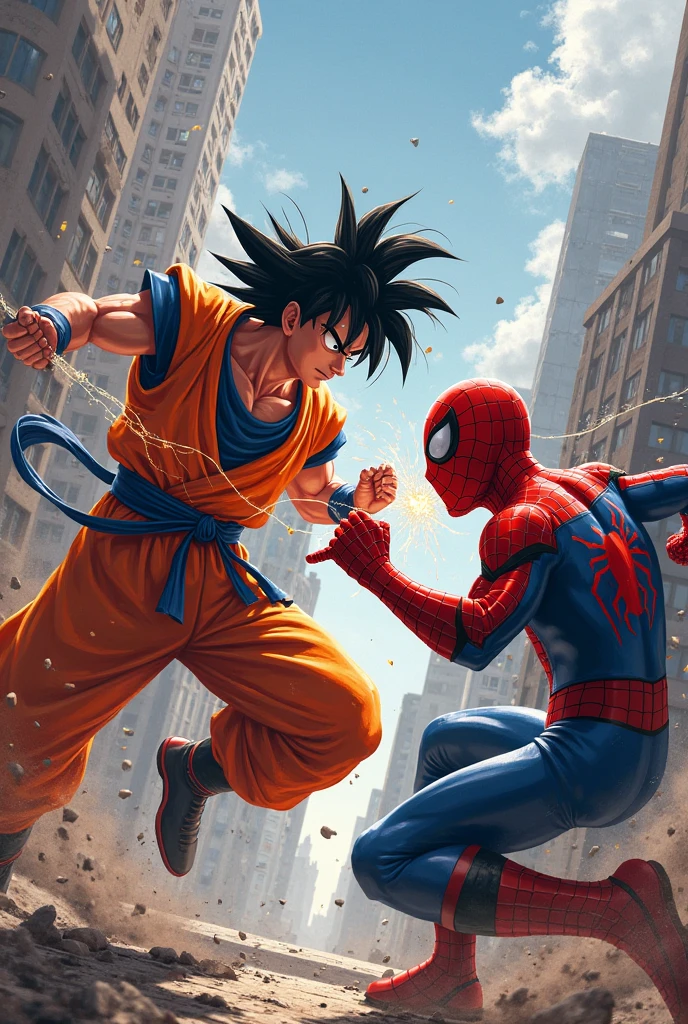 Image of Goku and Spider-Man fighting each other in the middle of buildings demonstrating action and movement in art.