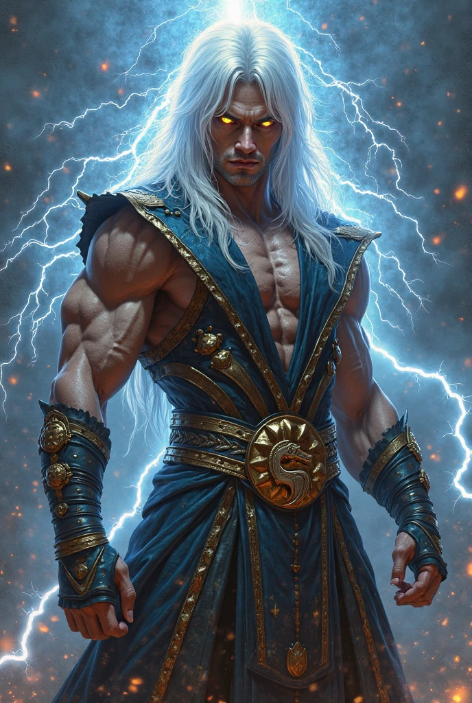 Create an image of a dark-skinned, white-haired man using blue energy to generate a shield