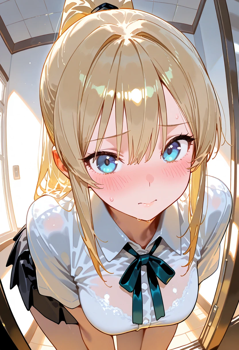 an adult girl, looking in the mirror and putting makeup on her face, She has two pigtails falling over her shoulders, SHE HAS BLONDE HAIR, blue eyes and casual clothes, she is getting ready in a quiet room for an elegant party