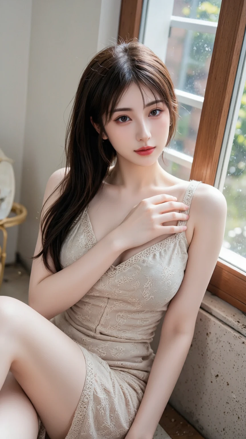 One woman, Japanese, 45 talents, She is sitting naked on a chair with her legs spread apart, looking at the camera, Small breasts, ponytail, Aunt