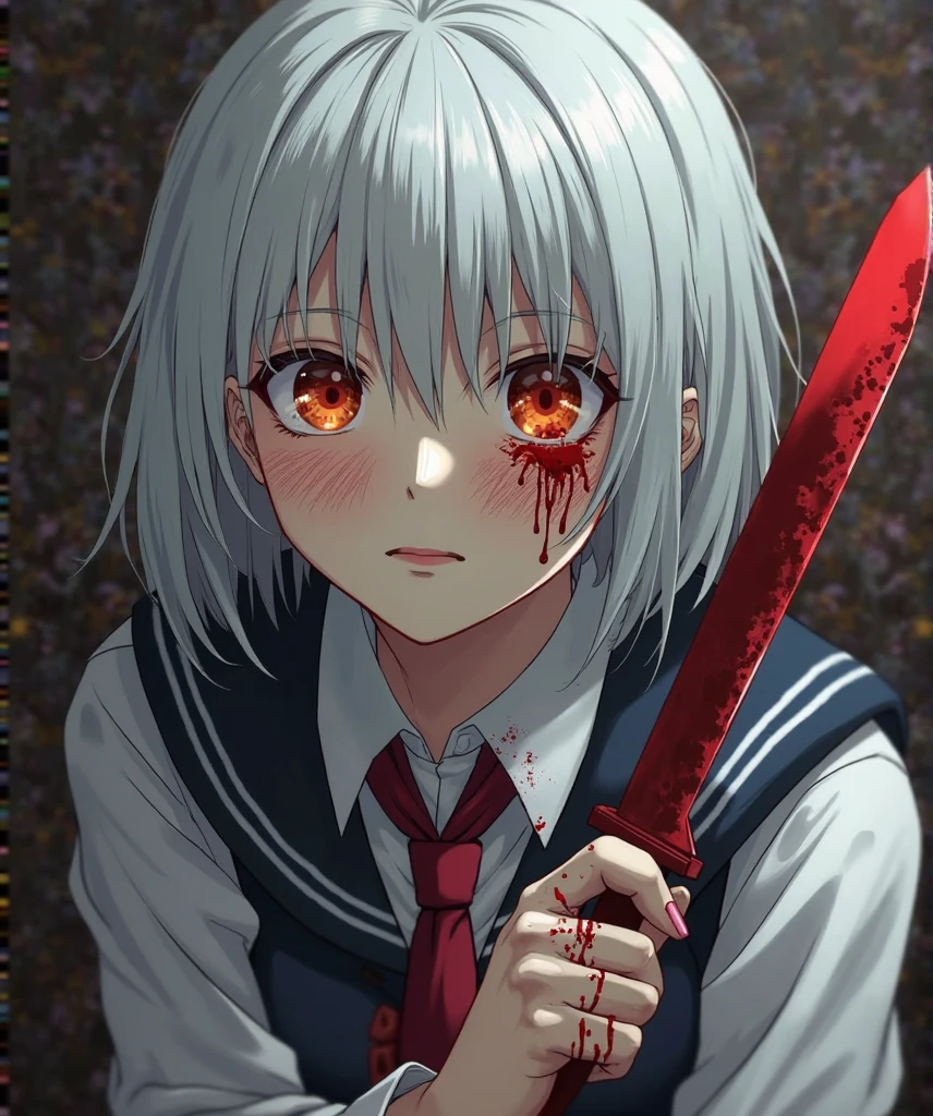 
"Yuki, a fifteen-year-old girl, stands in the middle of a serene garden, yet the beauty of nature is overshadowed by the horror of the scene. Her silver hair flutters in the morning breeze, and her crimson eyes gleam with an eerie shine. Her white knife, adorned with a blue skull and a red rose, glistens with the blood of her four victims: two men in their fifties and thirties, and two women in their late teens and mid-twenties. The high camera angle reveals the details of the crime: blood splattered on the grass, bodies sprawled in various positions, and a mysterious smile playing on Yuki's lips. Everything indicates that this seemingly innocent girl has committed a heinous crime, the motive of which remains a mystery.