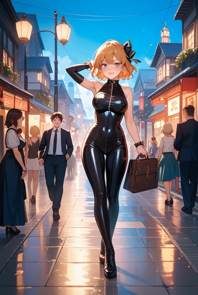 1girl, ??????????????, ((leotard, highleg leotard, light blue leotard)), (lighting bolt emblem on ?????), ???? legs, (tight belt), boots, matching boots, gloves, city backdrop, solo, single, standing, back view, full body shot, cowboy shot, superhero, beautiful detailed eyes, power, ((blonde hair, short hair, wavy hair)), high school backdrop, outdoors, mature lady, teacher