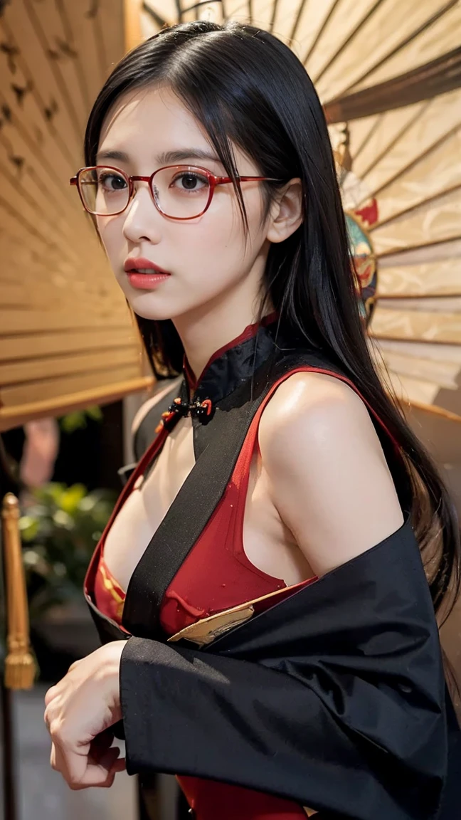 Fine、(The best illustrations)、8k UHD resolution、intricate-detail、top-quality、realisitic、ultra-detailliert、The best lighting、Best Shadows、Soft lighting、Ulutra HD、Ultra-realistic、Tindall Effect、Photorealsitic、(High Detail Skins:1.2)、 (Intricate details, makeup, pureerosface_v1:0.5), (Detailed beautiful delicate face, Detailed beautiful delicate eyes, A perfectly proportioned face, High detailed skin, Detailed skin, best ratio four finger and one thumb, arms below breasts, Tattoo with a red glow under the stomach、Awesome awesome, wide hips, smooth midriff, skiny and thin, __Fashion__, __hair__:1.25)、Digital SLR、 absurderes、1 beautiful devil woman from hell, surreal female portraits by David Hockney and Alphonse Mucha, Portrait of a seductive woman、Fantasy Art, Chinese Doll、Chinese actress、Dungeon、The dragon、Devil's Palace、Devil's Torture Chamber、natta、Dark style 、In the Dark、(Detailed spooky backgrounds:0.8), magia、 1人、Evil Nun、Dark Necromancer、Succubus、Devil's Daughter、Umi Shinonome、Bat Wings,(((Demon Horns)))、 ((((Huge glasses, Otaku Glasses, thick glasses, Round glasses)))),(((Colossal tits)))、(Devil's Tail)、(red eyes glowing:1.6)、red eyes make up very sharp and detailed, The eyes are very well made up, ((Red Eye:1.0)),intricate tattoos, demonic intricate tattoos, thigh tattoos, body tattoos, masterpiece、The most beautiful face、a baby face、Charming smile、plump beautiful red lips、Muscular seductive body、The enchanting body of the devil、devil style、Seductive Black Magic Costume、(((A shiny red snake is wrapped around her body)))、The long-haired、Braids、Black hair、Ponytail distortion、, Ponytail with a bow tied at the back of the hair, Beautiful expression、Body Up、Large breasts emphasis、Bust, Super tight breasts, Breast augmentation surgery, The breasts are very big and round and round,Toned waist、Wide buttocks、 lowkey, cowboy lens, (red phoenix dress: 1.0), devil crown, Red sparkling gemstone necklace、Jewelry Gwise, wearing black mesh socks,wearing a thin red and