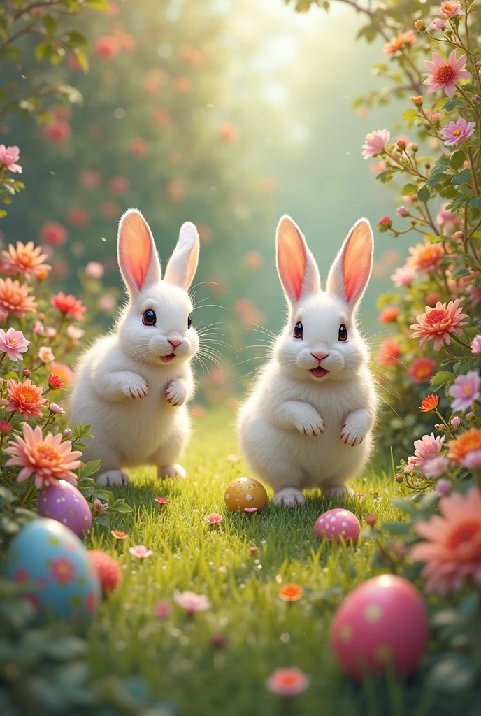 Rabbits playing in a flower garden with several colored eggs