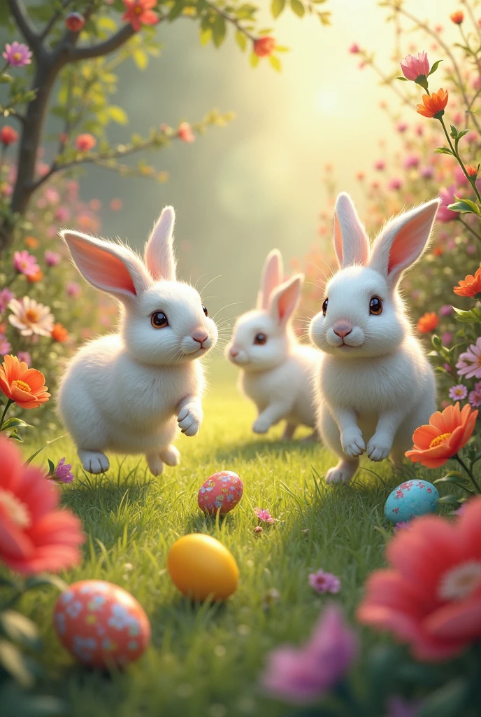 Rabbits playing in a flower garden with several colored eggs