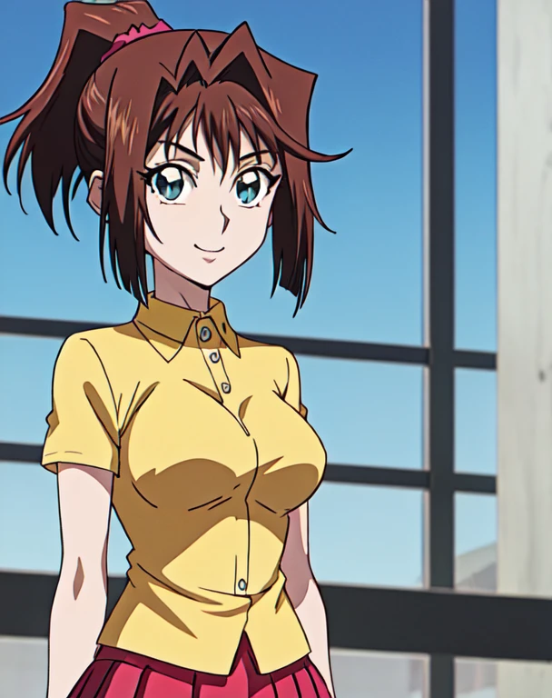 EruzaNakanishi, high quality, high resolution, 1girl, brown eyes, short hair, brown hair, Smile, solo, unbuttonned school shirt, nipples, nipple slip, areola slip, 