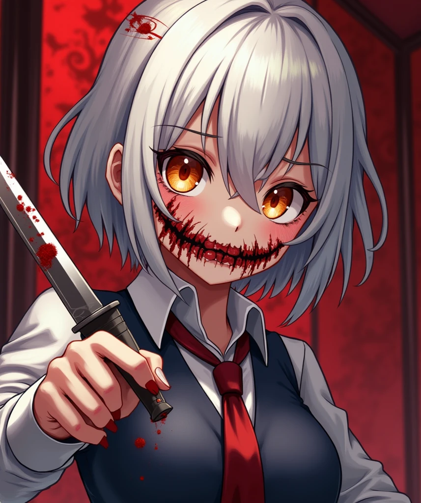 A physco school girl that has a blood over her  and her eye was glowing red while she's holding a knife she's laughing like a complete physco