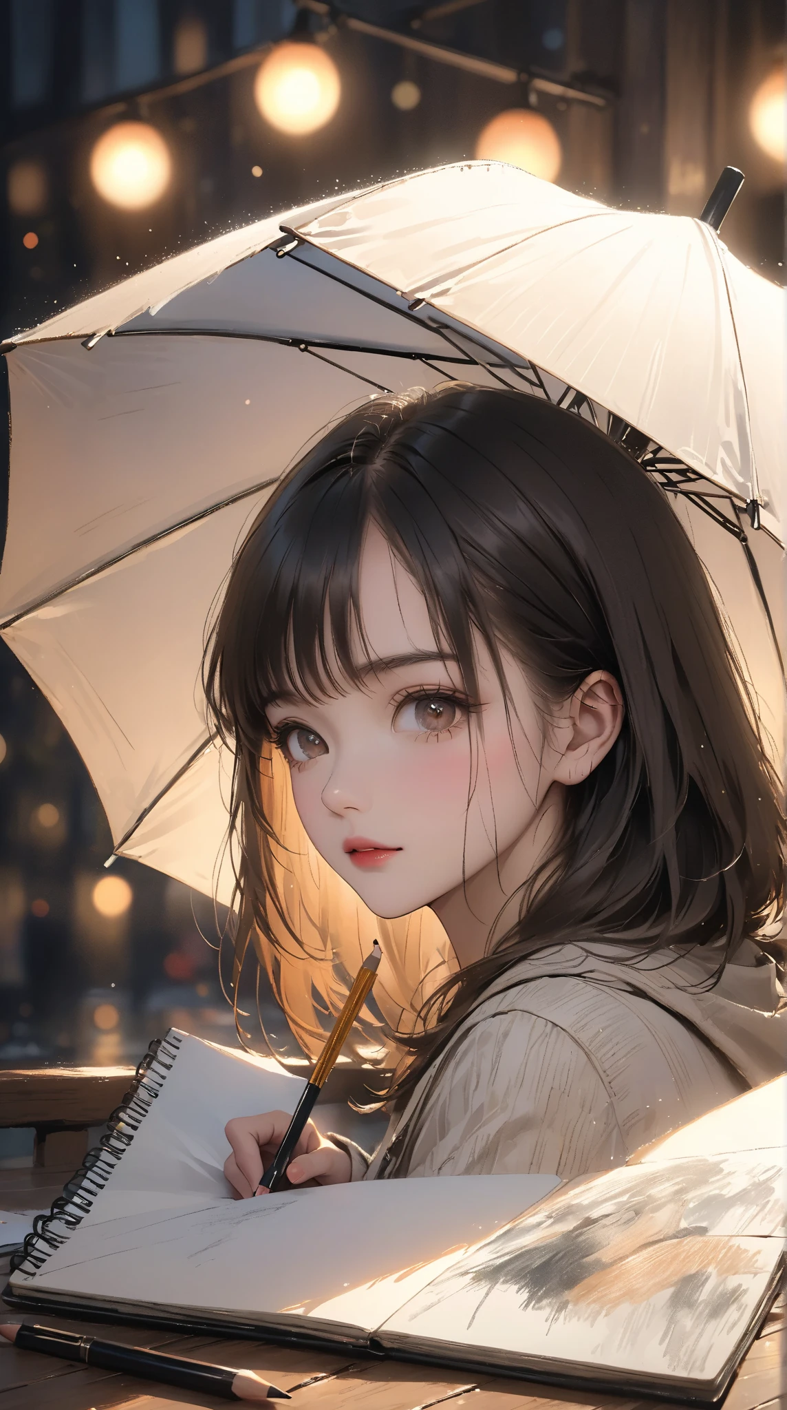 a girl smiling stand in rain very low
