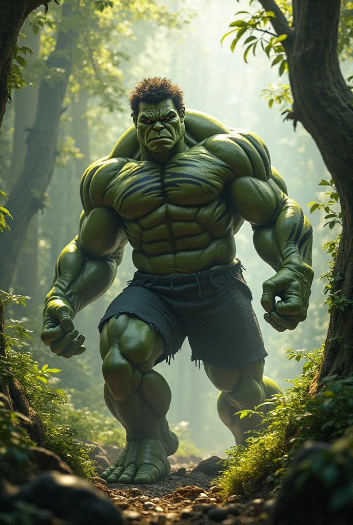 Imagine Female Hulk in Side Forest, Wide Angle View,