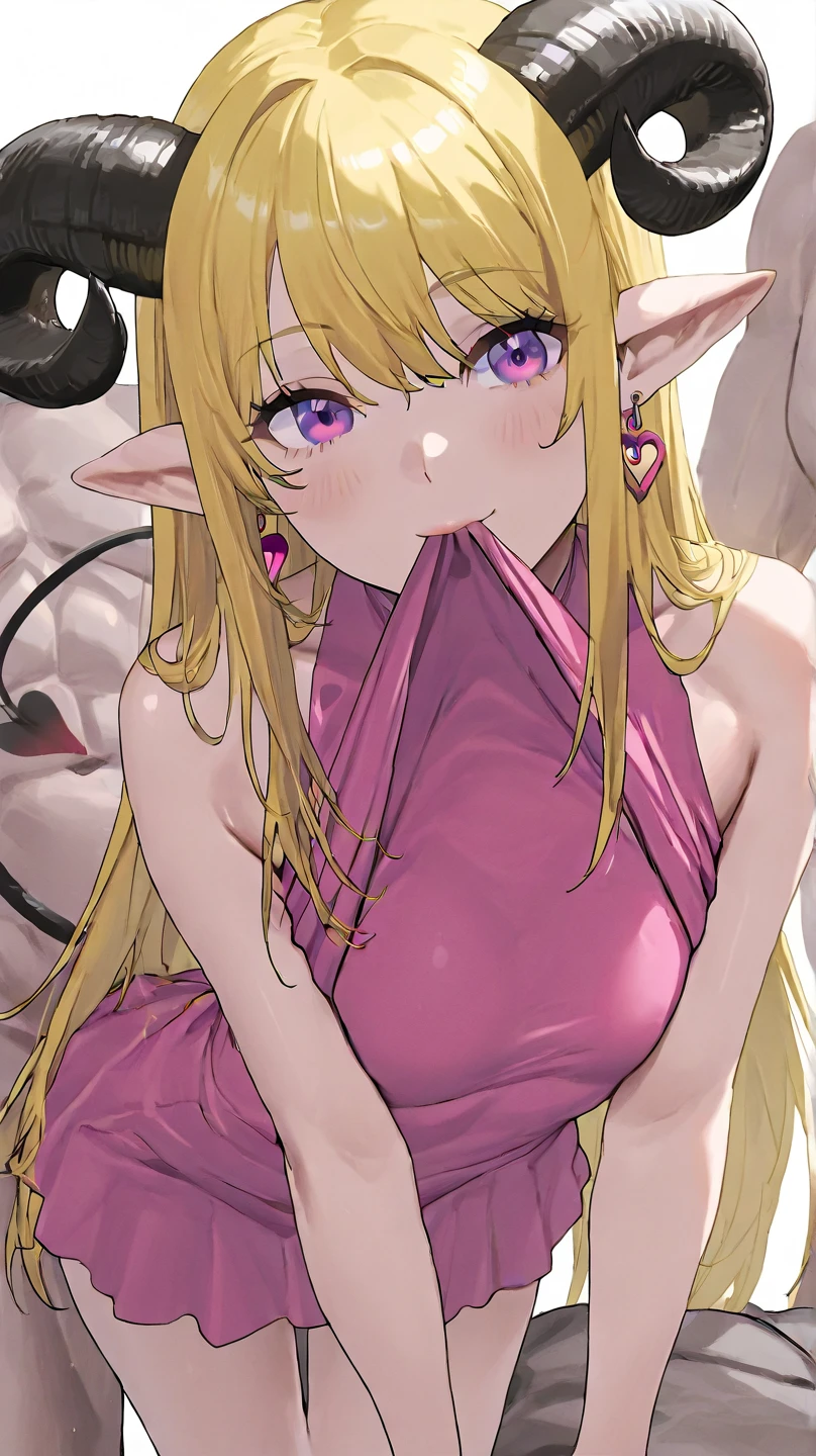 (((masterpiece))),highres,absurdres,(((best quality))),official art,perfect lighting,pov,looking at viewer,outdoors,classroom,1girl,kind_smile,blush,hand over own chest,mavis,long hair,blonde hair,(green eyes:1.5),ahoge,wavy hair,animal ears, Wearing a dog collar, Naughty tattoo on the belly