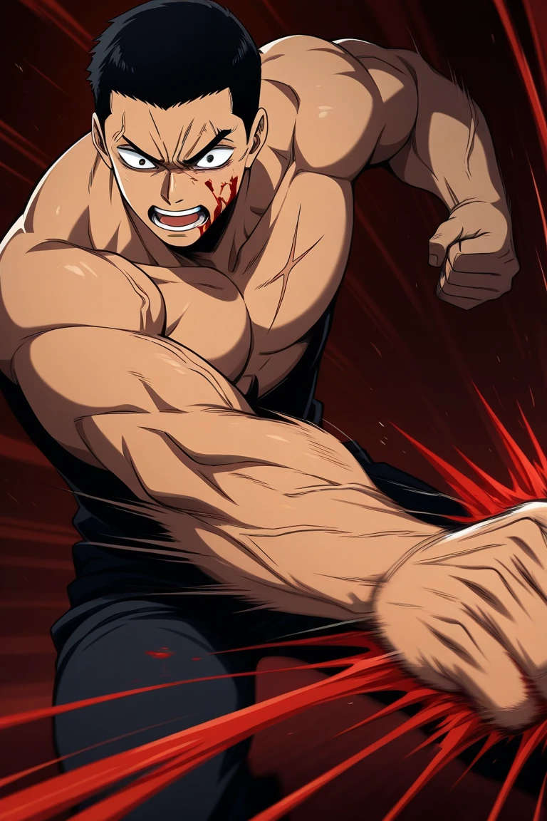 (White beautiful boy:1.2),original,solo, ((((((13 year old)))))),(close eyes),(cool face,beautiful face,manly face:1.33),(Short, shaggy, golden hair:1.94),(muscle full-body:2.18),(Muscular abs and blood:1.68),(Blue bruises all over the body:1.65),(standing,fighting pose:1.75),(Heavy bleeding from body covered in blood-stained red bandages:1.8), (yellow pants:1.25), masterpiece, best quality, very aesthetic, absurdres