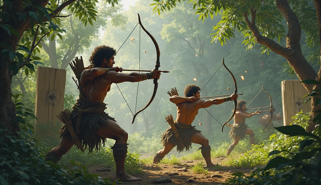 Primitive humans hunting with bows