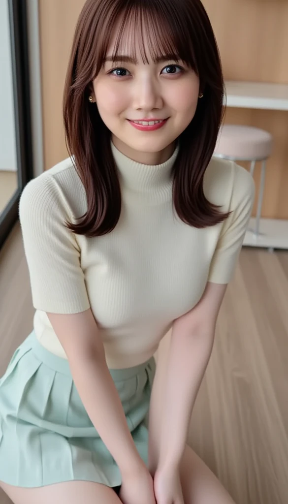 (8K, RAW Photos,Highest quality, High resolution:1.1), (Ultra-realistic:1.4),(Realistic:1.4), Realistic Face,Realistic Body,Realistic Skin,masterpiece,(cute:1.8), cute子たち, Detailed black eyes,Innocent eyes,Cinema Lighting,Film Grain,jewelry,Earrings,((Medium Hair:1.1)),Cherry-colored lips,Hair Ribbon,ponytail,Look Viewer,Long Hair,,Open your lips,Upper teeth, (Smiling Eyes:0.6),((Grin:1.3)),Blurred Background, Eye focus , Bokeh,young, 85mm lens,young,Portraiture,Photon Mapping,Radio City,Physically Based Rendering,Asian,(Knitted dress:1.3))