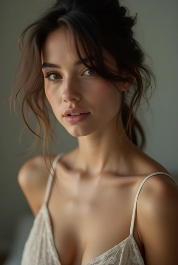 covers her breasts with her hand without underwear