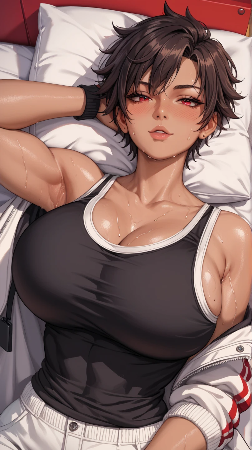 Emphasis on the crotch。Disdainful eyes and angry expressions (a female athlete,Wearing a gray sports bra,Lying in bed,seductive pose,Cat leaks)。