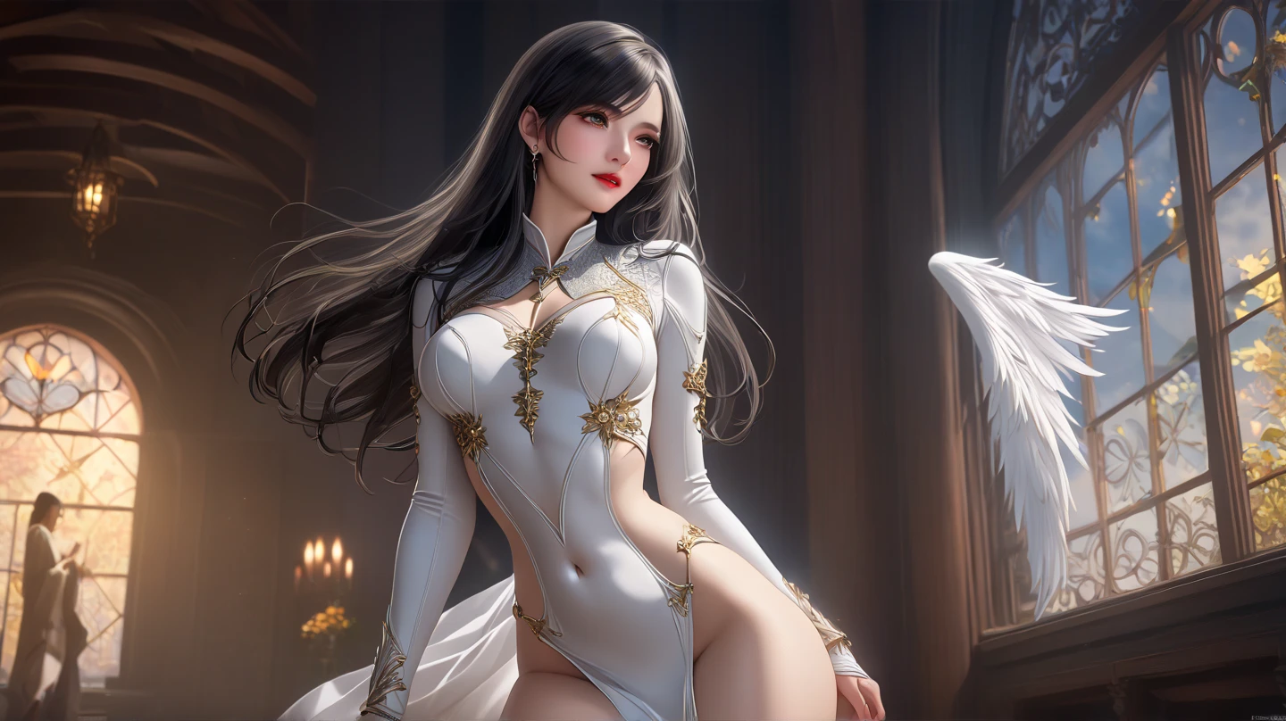 strikingly beautiful young woman named Laila, long dark hair cascading down her back, deep brown captivating expressive eyes, soft white skin, slender figure, loosely fitting short sleeveless white dress with daring cleavage cut, revealing legs stopping at thighs, graceful pose, highly detailed portrait, realistic lighting, masterpiece, 4k, resolution
