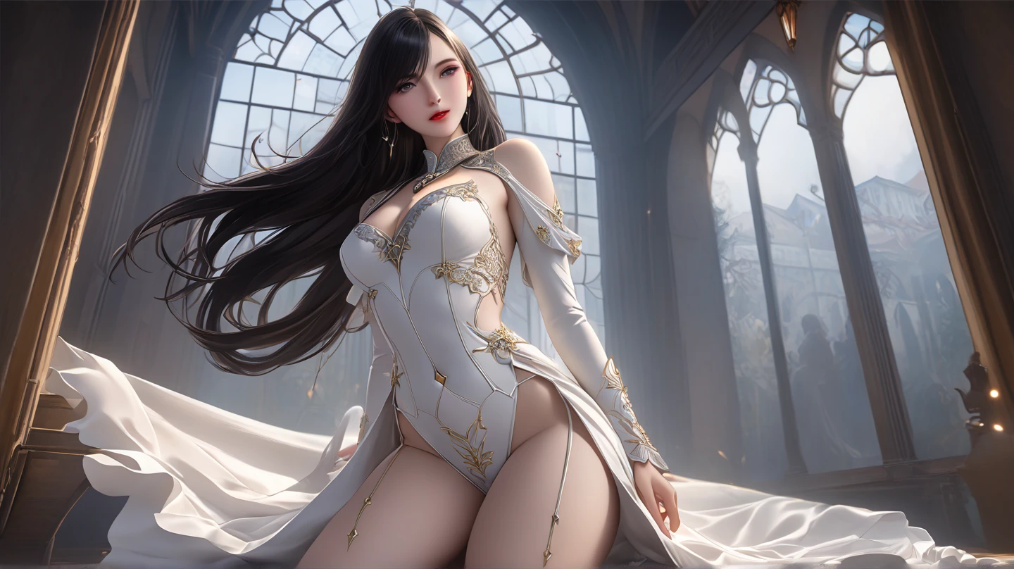realistic, 1women, Best quality, 8k, (bust: 1.2), (round breasts:1.2), (slim body:1.0), (thighs:1.2), (body:1.2), white skin, super detailed, long hair, black hair, beautiful face