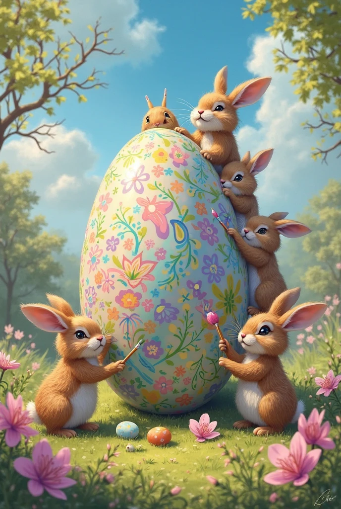 Rabbits playing in a flower garden with several colored eggs