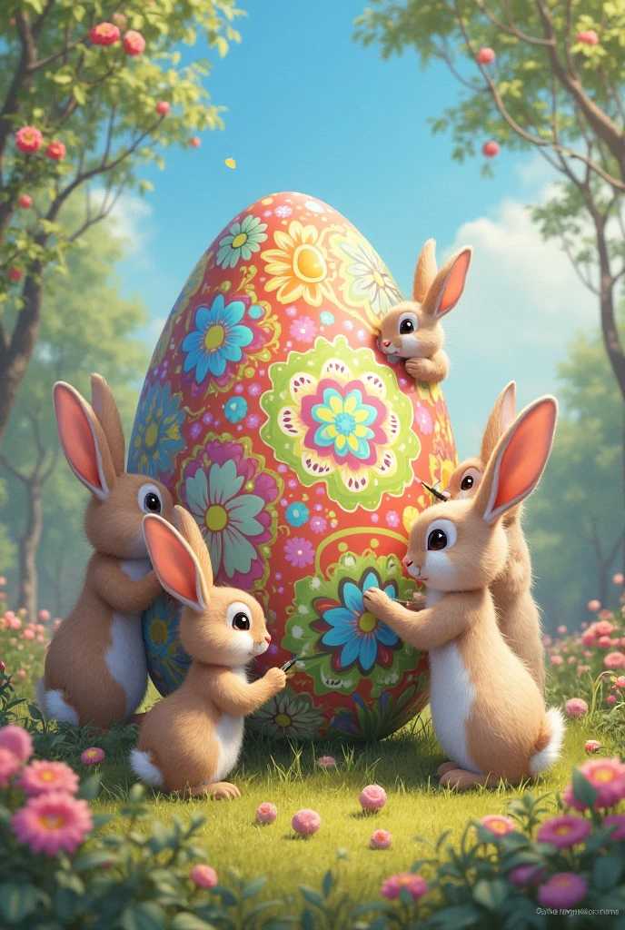 Rabbits playing in a flower garden with several colored eggs
