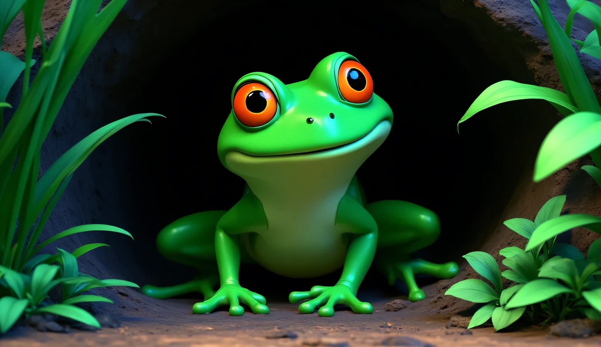 The deaf green frog in the dark, deep pit surrounded by grass and soil,smiling and energized,jungle