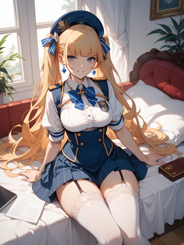 (((Masterpiece))),(incredibly_absurderes),(Best quality),(A high resolution),(Highly detailed),((CG unity 8k wallpaper))，(((super-fine))).Beautiful illustration、top-quality、Cute little girl s、Bedroom、Golden hair、long whitr hair、(((pleatedskirt)))、(((a sailor suit)))、short- sleeved、a navel、Pull up the skirt，Bare legged、eBlue eyes、on top of the bed、Lovely thighs、glowing thigh