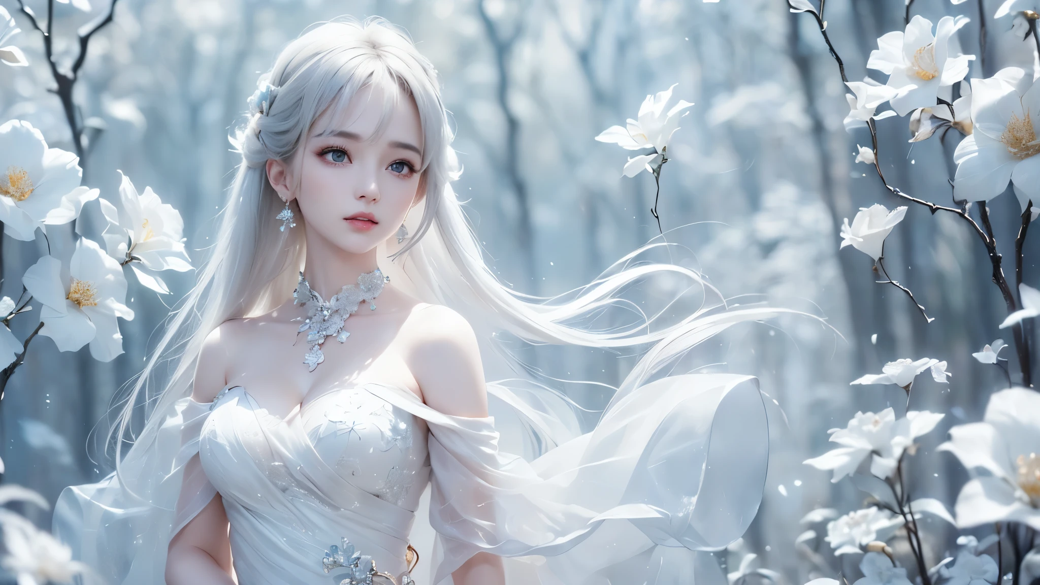 white theme. ((masterpiece:1.5、8k、 portraits、フォトリアリスティックでvery well detailedなCG、very well detailed、Particle Effects、dynamic effects、writing boundary depth、 cinematic light 、lens flare on the back、ray tracing from the waist、table top to pinch、realistic:1.4、ultra high resolution:1.2、realistic、realistic))((one girl、, woman in off-the-shoulder dress:1.4、model with a modest body line、side bust、detailed face、 bright表情、 young, bright, Whiter skin、Great looks、ultimate beauty、Sparkling highlights for grey hair:1.8、 bright and shiny hair、Super Long, smooth, straight hair、fluttering hair in meadow))(Wonderful transparent flower々 、white background、 amazing background 、Thin petals fluttering down)