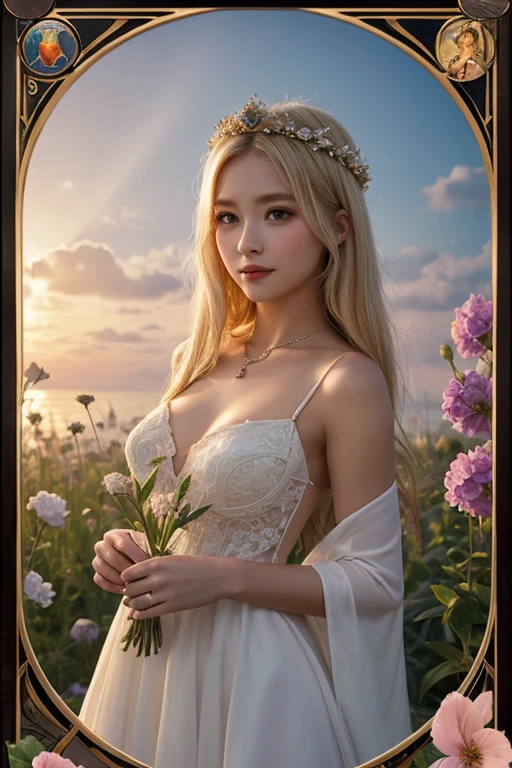 1 innocent beautiful 28 yo female, pale skin, pure, angel, perfect body, finely detail, beat quality, wedding dress, wavy long blonde hair, golden hair, sweet face, blue sky eyes, innocent eyes, perfect eyes, smiled face, make-up face, ultra high detail, breach and ocean background, eveining (sunset), a house, beautiful face, beautiful smiled, digital painting, digital art, Unreal Engine 5, ray tracing, high color saturation, extremely detailed, illustration, 8K wallpaper, masterpiece, CG, smooth, photorealistic, concept art,hq ,hrd, amazing, finely detail, sharp focus, warm light, an finely delicate, full body, bunch of flowers, dynamic angle,