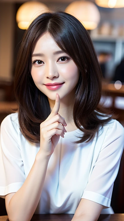 （（best qualtiy，8K，tmasterpiece：1.3））， 1girll， ssmile， （Full body photo）， Slim Faces， Beautiful woman， （dark brown  hair）， full length dress ：1.1， Super detailed face， Detailed eyes， 二重まぶた， blur backgroun， Slim Faces， 城市， do lado de fora， the street，