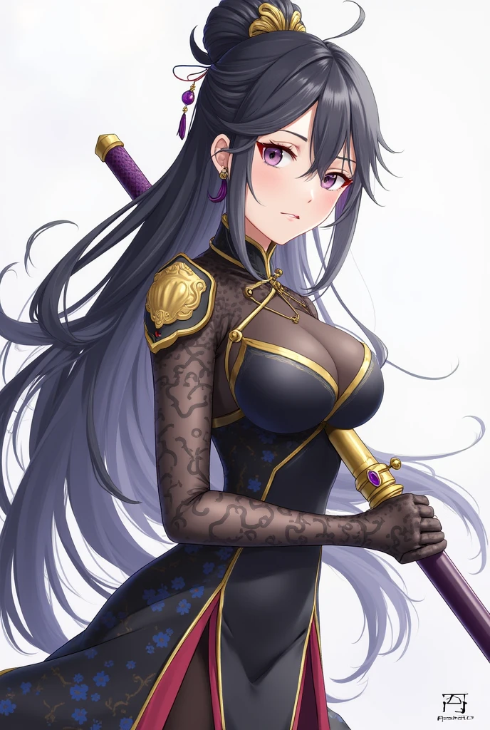 masterpiece, best quality, detailed clothes,1girl, green eyes, black hair, solo, long hair, ponytail, bangs, large breasts, black and gold standard low cut, v-cut dress with skirt, fighting, holding broadsword/greatsword