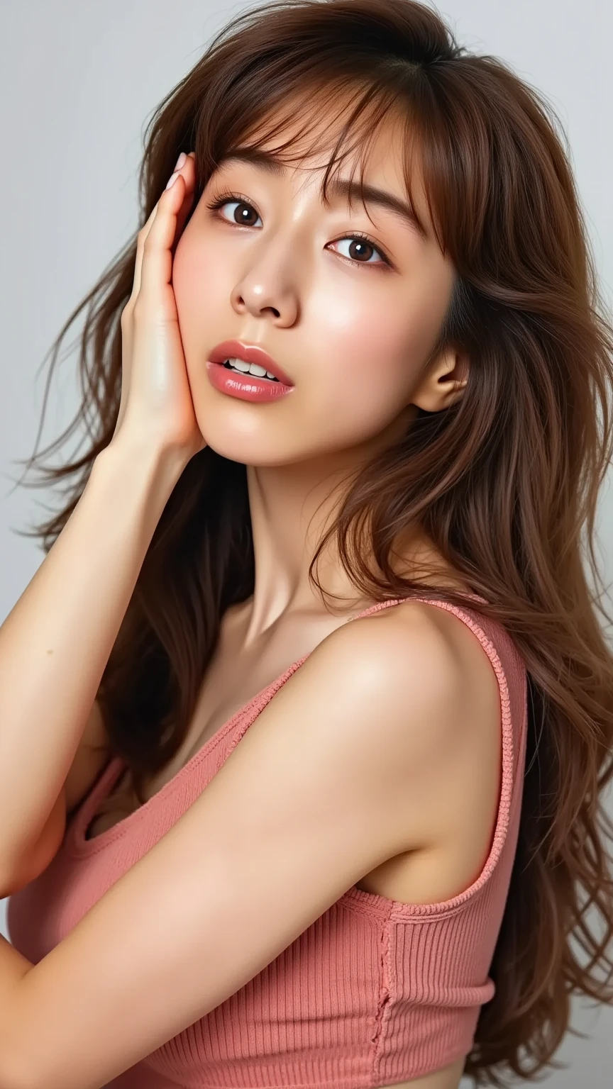 Sculpting sexy poses, (masterpiece:1.3), (8k, Realistic, RAW Photos, highest quality:1.4), (1 girl), Beautiful Face, Realistic face, (Detailed face), Beautiful Hairstyles, (Thin Hair), Realistic eyes, (Fine Eyes), Beautiful details, Realistic skin, (Fine skin), Beautiful Skin, charm, Ultra-high resolution, Surreal, Very detailed, (Flat Chest:0.5), The Beauty of Japan, (Slim figure), kind, Brown Hair, Cute young Japanese girl, Cute young Japanese girl, (Simple salmon pink background), Flat Chest :1.2, Accentuate your cleavage, Stagnation, Wide Shot, (ankle shot), Wearing a large T-shirt without a bra, Girlish, Protruding nipples, pubic hair,(((Full body portrait))),(((She spreads her thick legs wide:1.4,Artistic Nude Charm,Very small breasts,Shiny dark nipples and areola,large nipples and areolas,,,,,,Transparent female mechanical charm,Big Ass,Her asshole is pointing at me,Hairy Asshole,Half-mouthed expression,anatomy,Mysterious work of art:1.3)))
