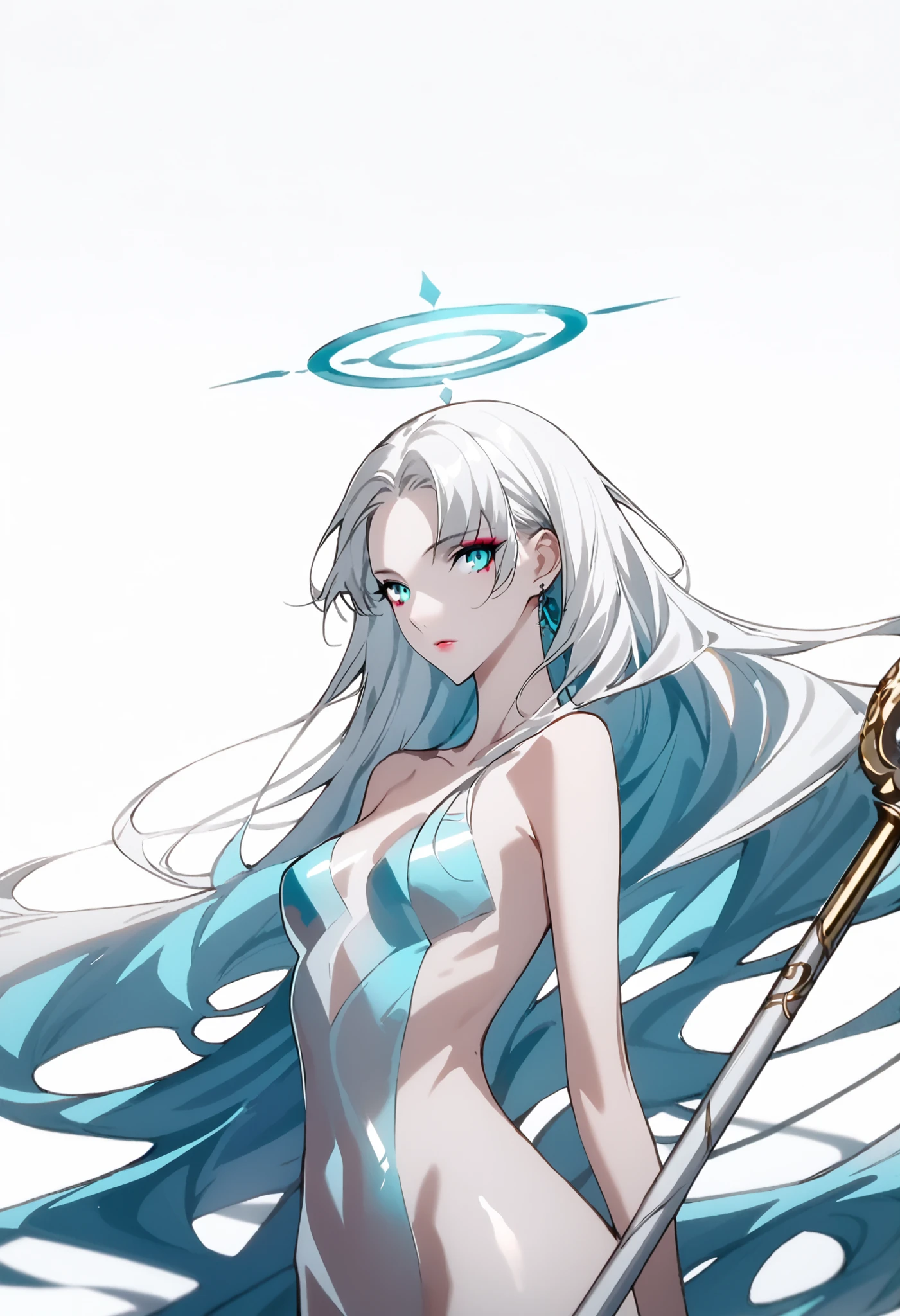 wind,pure white background, turquoise,wind之女神 ,圣徒,微wind环绕,Halo,Charming and beautiful, And hold the staff,perfect body,shiny eyes, Smoky Makeup,sexy,sexy,Transparent,nude