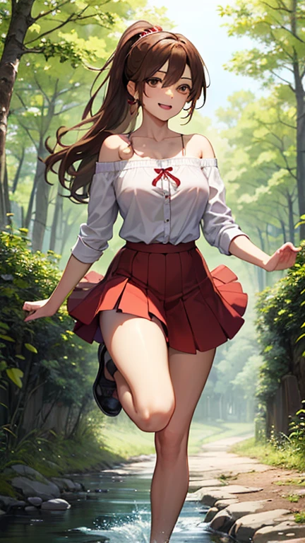 A surprised and shy expression when looking at the skirt、