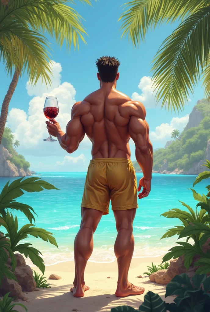 1 man, young middle-aged man, Chris Redfield, smilling face, solo, white skin, muscular, hairy body, muscle man, tall, hunk, big biceps, abs, big thighs, wide shoulder, open chest, facial hair, black short hair, wet body, wet hair, shirtless, drinking beer on a beach, happying, laughing, enjoying sun, raising beer bottle to the sky, sandy beach, g-string, sexy underwear, high resolution:1.2, best quality, flat style, blue sky and clear water background, low camera angle, volumetric lighting, depth of field, shadow, wide-angle