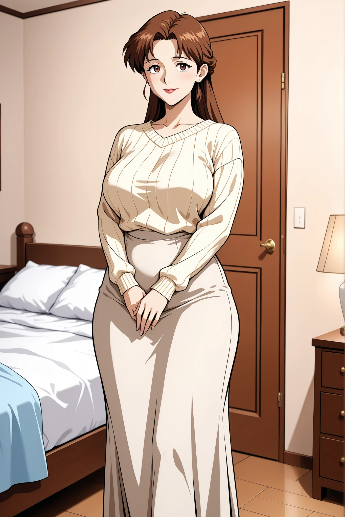 A forty years old woman, curvy, with brown hair and brown eyes, wearing a sweater and long skirt, in a bedroom, in full view in a highly detailed anime style
