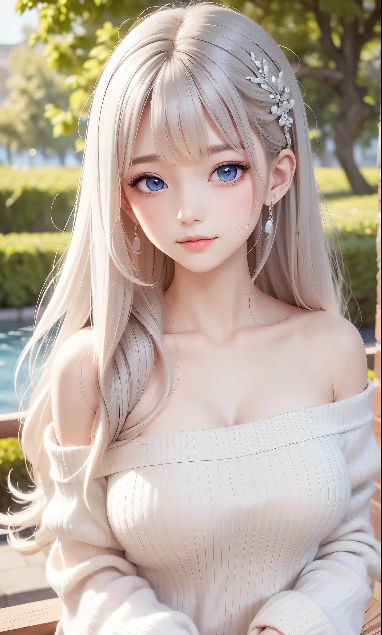 there is a woman in a white dress, artwork in the style of Gwaiz, Gwaiz on pixiv artstation, Gwaiz on artstation pixiv, Gwaiz, Fantasy Art Style, Gwaiz masterpiece, Beautiful and Elegant Queen , drawing beautiful characters, Detailed Digital Anime Art, blonde princess raising her cheeks, grey hair, sky blue eyes, pink lips, Off Shoulder Sweater, sara