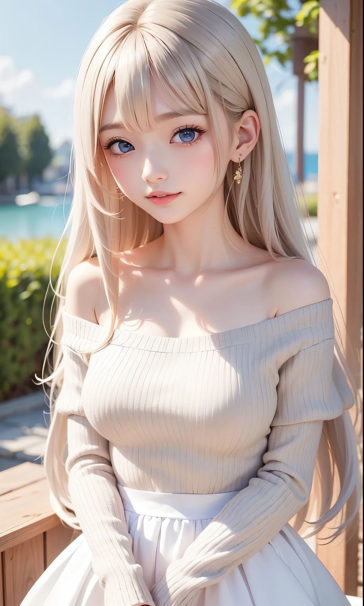 there is a woman in a white dress, artwork in the style of Gwaiz, Gwaiz on pixiv artstation, Gwaiz on artstation pixiv, Gwaiz, Fantasy Art Style, Gwaiz masterpiece, beautiful and elegant girl , drawing beautiful characters, Detailed Digital Anime Art, blonde princess raising her cheeks, grey hair, sky blue eyes, pink lips, Off Shoulder Sweater, sara