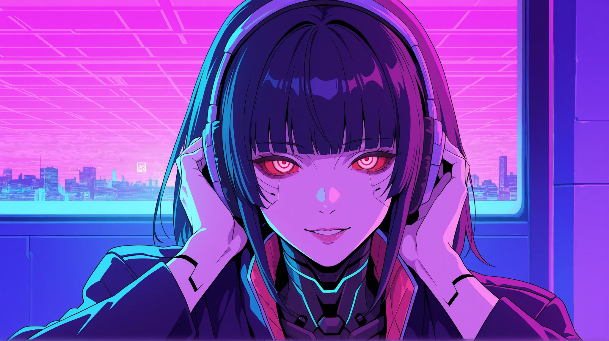  synthwave woman humanoid mechanical cyberpunk of darkness using headphones in nght city of future horror