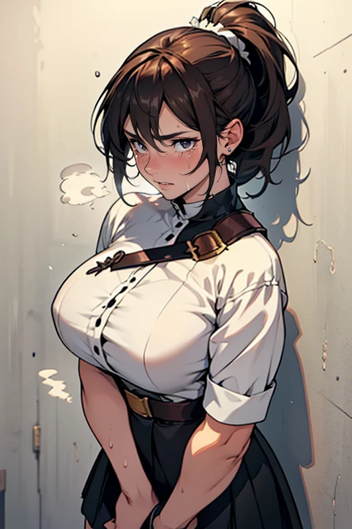 muscular woman massive breasts (expressionless sad frown angry) pale skin black hair yellow eyes solo