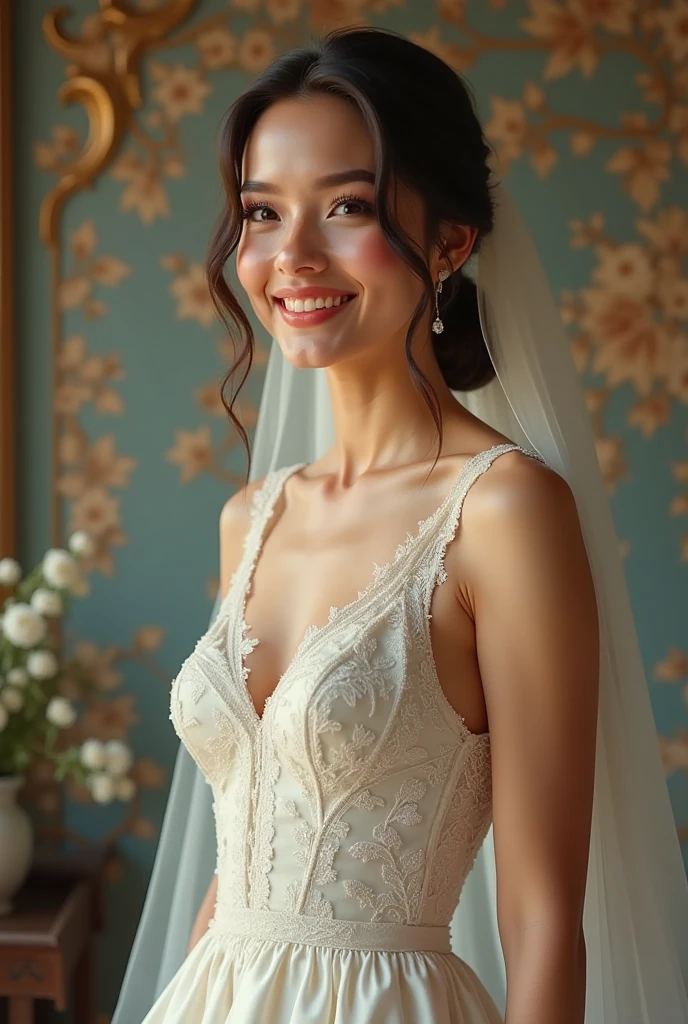 (highest quality,8k,masterpiece),Reality Photos、Detailed skin、
日本人Mature Woman,45 year old beautiful mature woman、Mature Woman,Pure white skin, Portrait、
(Small Breasts 1.3)、Random Hairstyles、
,A kind smile、A captivating gaze、Wedding dress、Veil、choker、Traditional churches of medieval Europe、Aegean blue sea white clouds