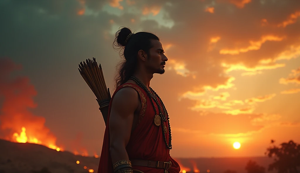 An awe-inspiring depiction of a Brahmin-like warrior, adorned in traditional attire and wielding both a book and a sword, commands attention in the midst of a desolate desert. The swirling sandstorms that engulf the vast landscape are meticulously captured in this detailed digital illustration, showcasing the dynamic weather that adds to the harsh beauty of the scene. With an aspect ratio of 16:9 and a vibrant visual composition that emphasizes the grandeur of the surroundings, this artwork stands as a testament to the resilience and strength of the character.