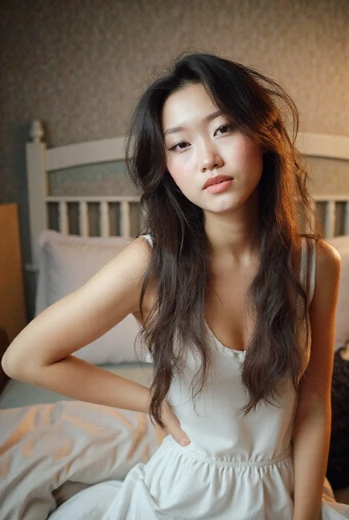 18 years old asian, girl, brunette hair, highly detailed face and almond cute eyes, big natural , long hair, bending over, seductive smirk