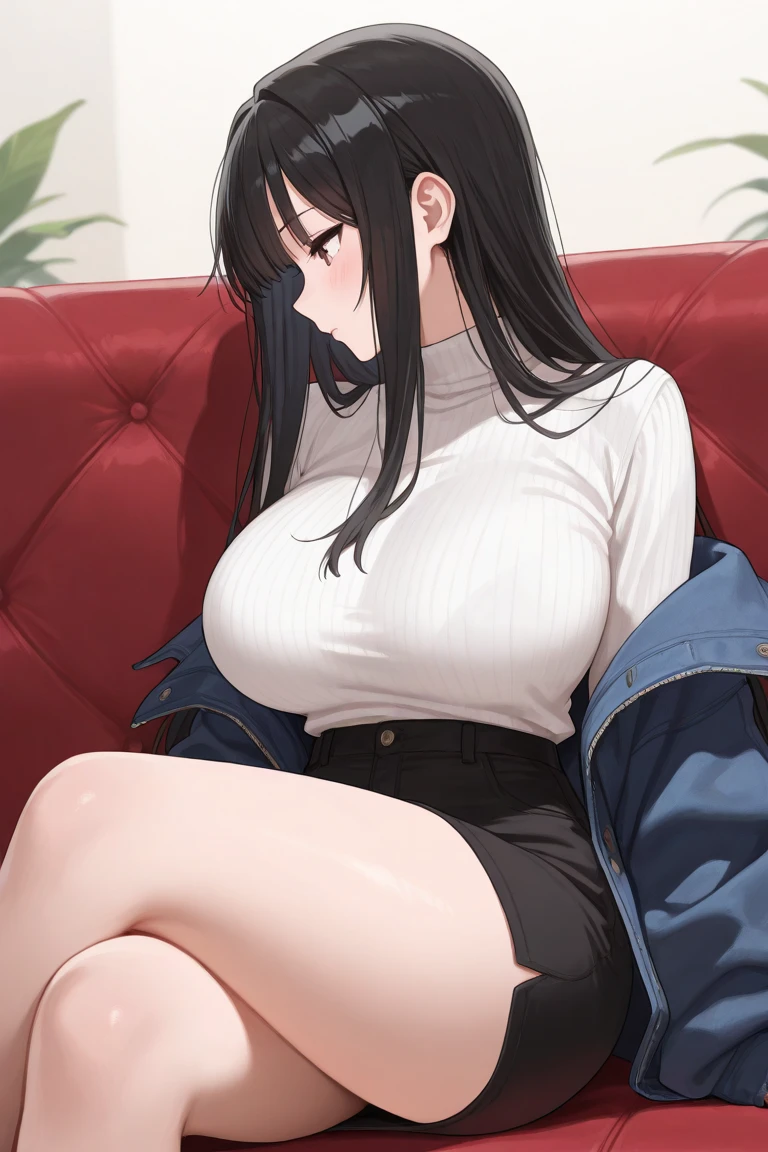 Beautiful peach skinned woman, long black hair, blue eyes, white tight button up shirt with cleavage, black jeans, sitting on her sofa