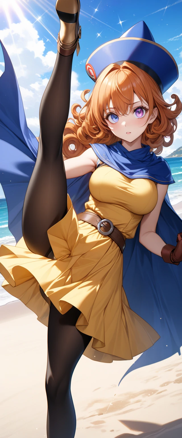 1 girl、High resolution、masterpiece、(alena-dq4、DQ4-ALENA、Orange straight hair)、happy smile、short height、thin thighs、thin legs、small shoulder width、slender、muscular、(tits)、(outdoor、Sunny day on the grass)、((hat、dress、cape、強風でスカートが捲れてwhite pantiesが見えている))、(((white panties)))、I'm photographing her from below.、(((close-up of crotch、The camera is placed close to the crotch area.)))、spreading legs