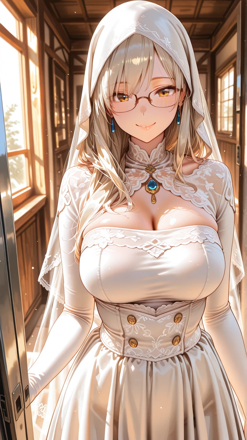 （Best image quality）,masterpiece,8k wallpaper,One Woman,22 years old,Europe,（（German folk costume））,(Blonde，Golden eyebrows)，(Glasses)，((Large Breasts)),Cleavage,((Brown Skin:1.4)),.On all fours,Looking up at the audience,Captivating smile，Pink Cheeks，The background is a German village,Natural soft light,frontage,70 degree angle of view