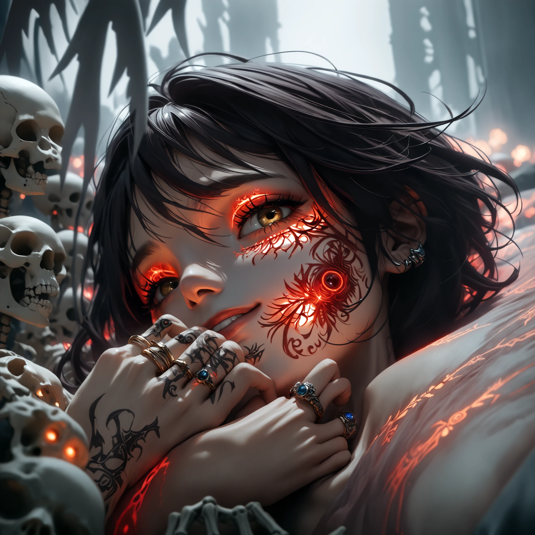 Terror scenes, Ultra-realistic 8k CG, masterpiece, ((ultra-detailed background, delicate pattern, intricate details)), best quality, very detailed face, extremely detailed eyes and face, extremely detailed eyes,1girl,solo, black hair, long hair, full body, Light blue eyes, distorted expression, female ghost, A pitch black room, cult, religion, a candle, blood on the wall, red highlight, Skeletons all over the ground, Splatted broken glass, chiaroscuro, night, <lora:sunAndShadow_v10:0.8>