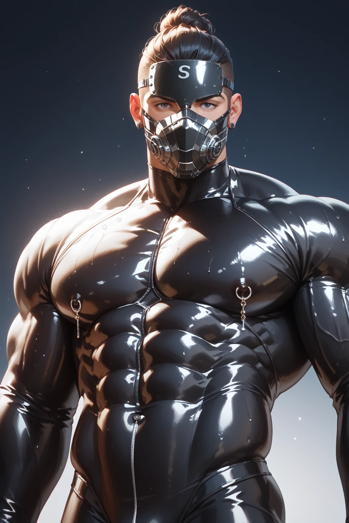 a statue of a man with a gas mask on, hard rubber chest, daz studio 3d, ((restrained)), cgsociety 9, shiny skin”, 3 d white shiny thick, rubbery, restrained, 3 d anime realistic, latex flesh and facial muscles, thick glowing chains, in billy herrington body, daz studio, muscular! fantasy, specular