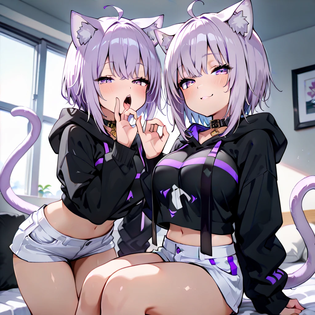 Fox Girl, Big Breasts, Voluminous purple hair, masterpiece , Red eyes、Double teeth、tooth、Blushed cheeks、 hd, Head to Chest, buried in my chest、Underbust、Cleavage、hoodie、hot pants、Black knee socks