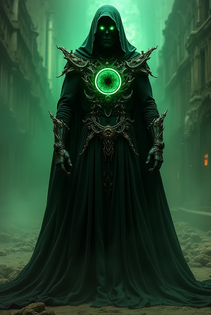 (extremely detailed 8k wallpaper), a medium shot photo of scary Grim dressed as a majestic masked green nature-supervillain in an armour made of natural glowing wires from marvel, theme, intricate, high detail, dramatic, old scary building with green nature in the background